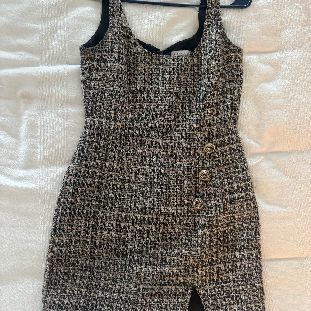 Gianni Bini Black and Cream Tweed Mini Dress with Gold Buttons